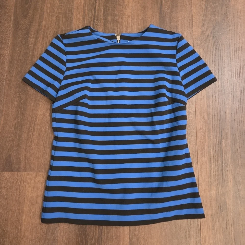 Michael Kors Blue and Black Striped Short Sleeve Top